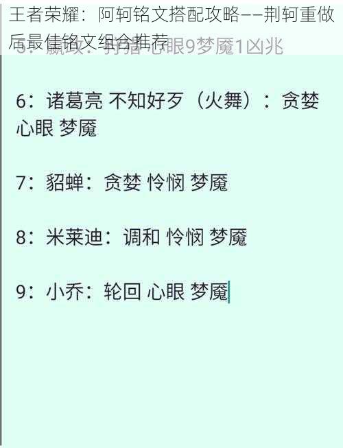 王者荣耀：阿轲铭文搭配攻略——荆轲重做后最佳铭文组合推荐