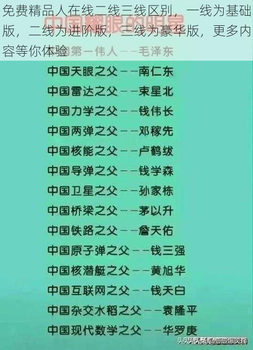 免费精品人在线二线三线区别，一线为基础版，二线为进阶版，三线为豪华版，更多内容等你体验