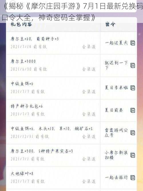 《揭秘《摩尔庄园手游》7月1日最新兑换码口令大全，神奇密码全掌握》
